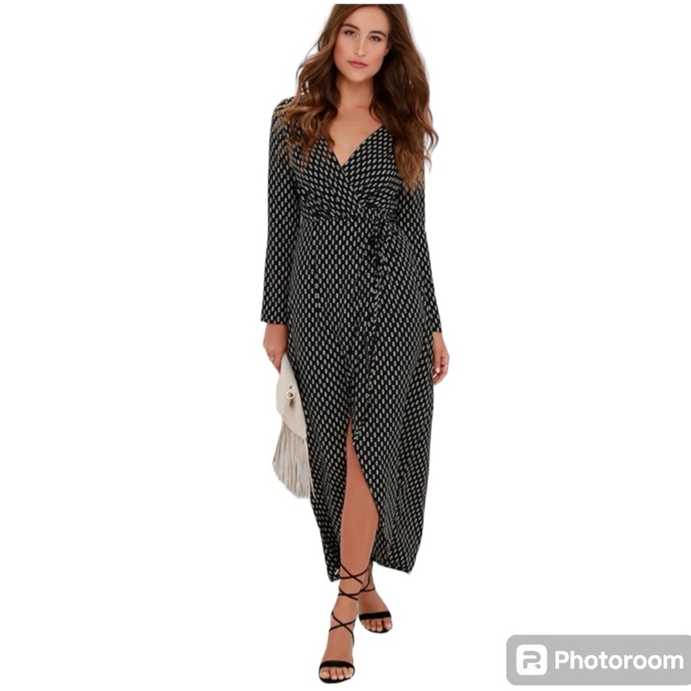 Lulu’s Exclusive Fluent in Stroll Black Wrap Maxi Dress
